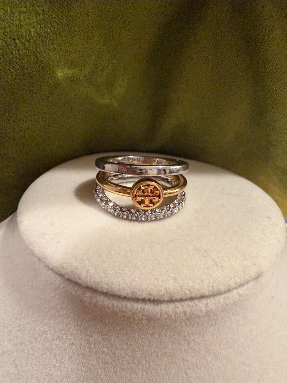 Tory Burch Gold Logo Trio Ring Set with Silver and Clear Crystal Bands